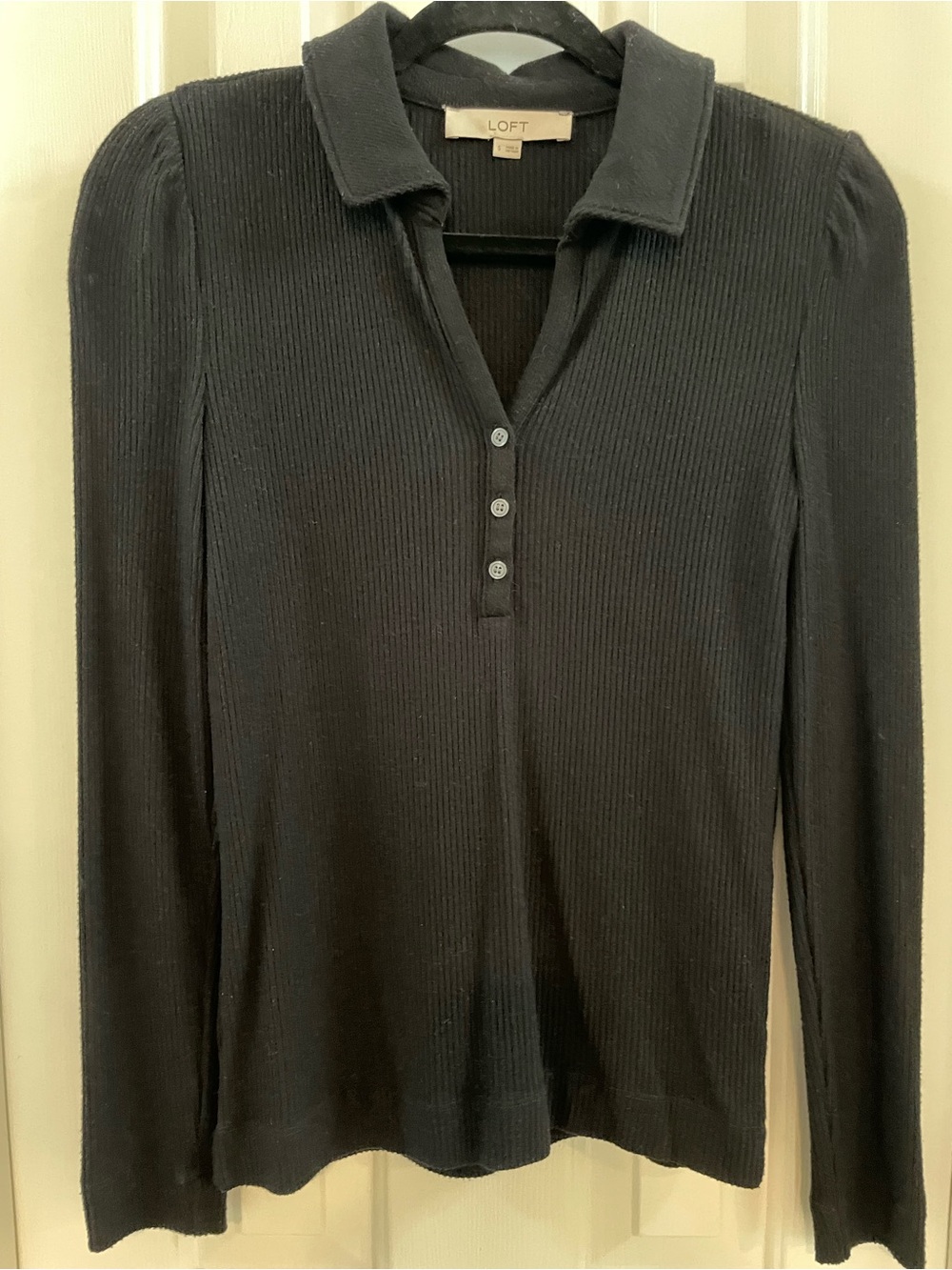 LOFT Black Ribbed Polo-Style Long Sleeve Sweater